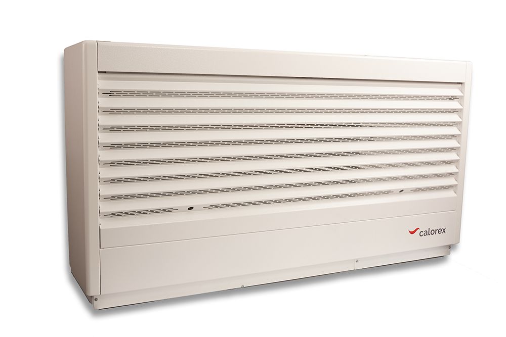 Cream-colored calorex wall-mounted air circulation unit with horizontal slatted vents.