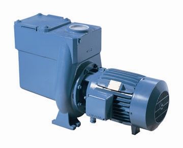 Blue industrial pump with a motor and housing, featuring ribbed cooling fins on the motor casing.