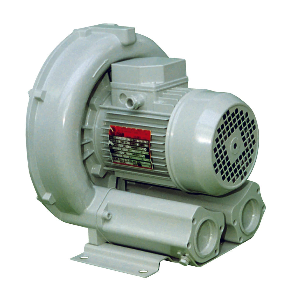 Gray industrial blower with a ribbed motor housing and circular intake port.