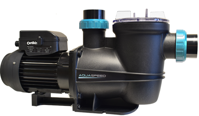 Black certkin aquaspeed pool pump with teal accents on the fittings and motor housing.