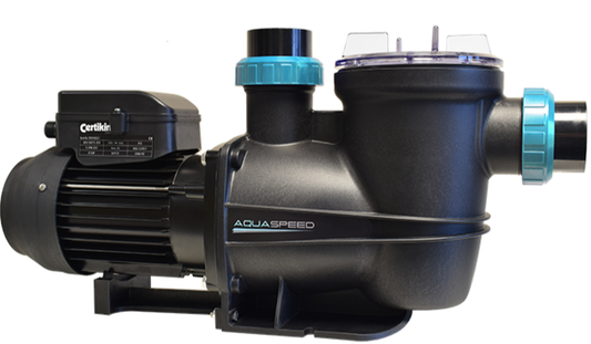 Black certkin aquaspeed pool pump with teal accents on the fittings and motor housing.