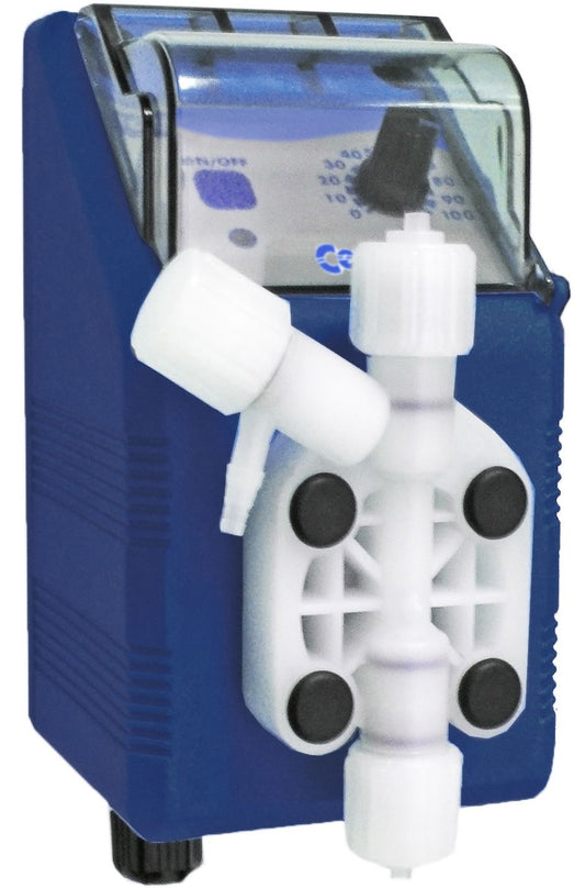 Blue plastic pump with white and black components, featuring a transparent cover over the control panel.