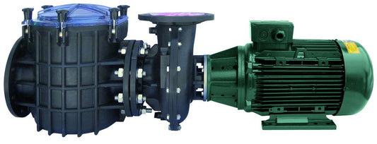 Black industrial pump with green motor and blue transparent lid