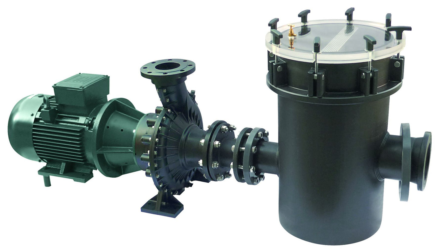 Black industrial pump with green motor and cylindrical filter housing