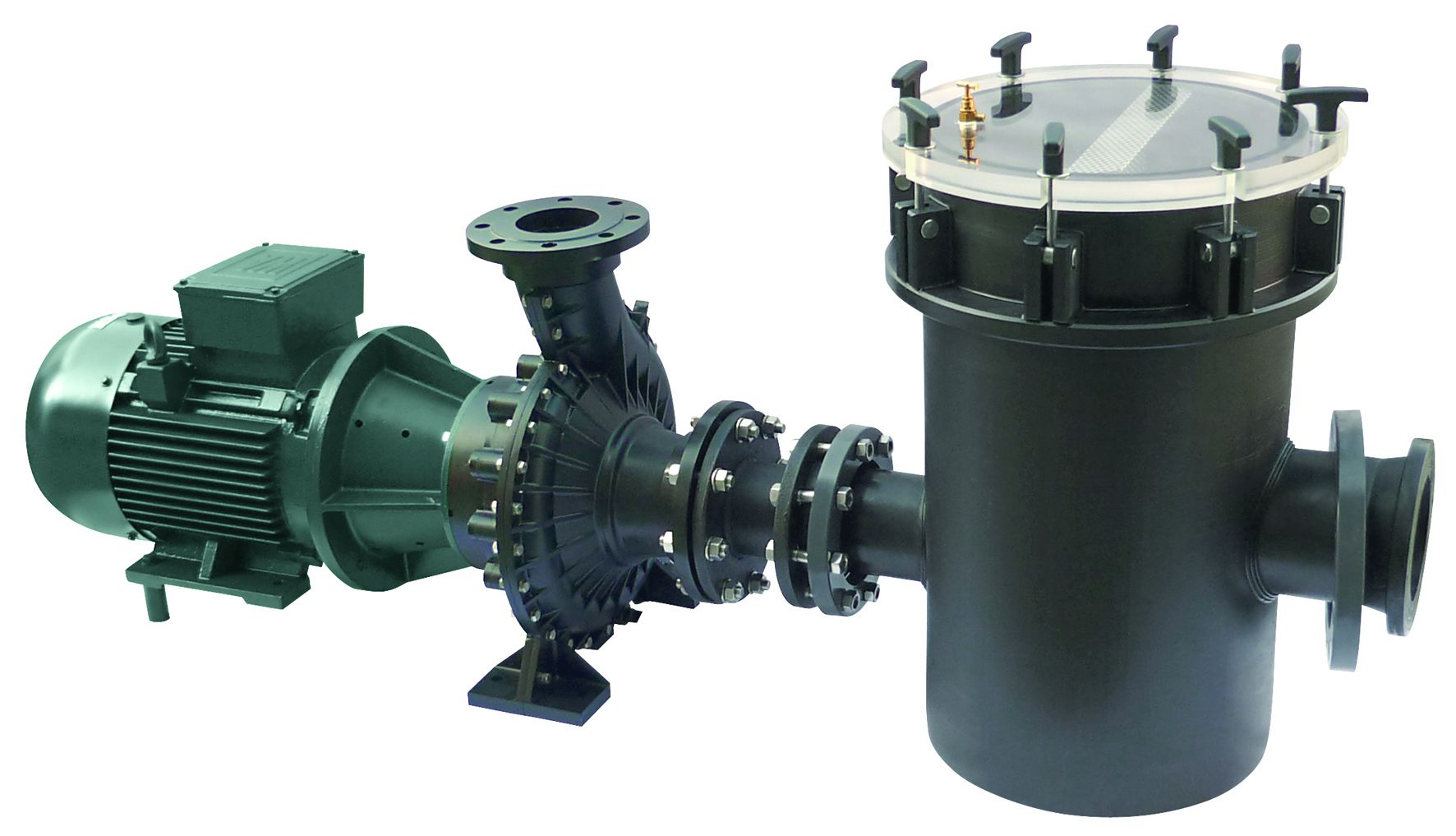 Black industrial pump with green motor and cylindrical filter housing