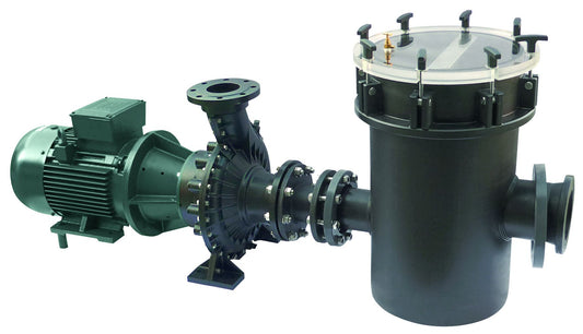 Black industrial pump with green motor and cylindrical filter housing