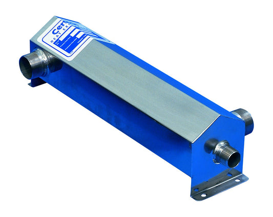 Blue and silver heat exchanger with threaded metal fittings.