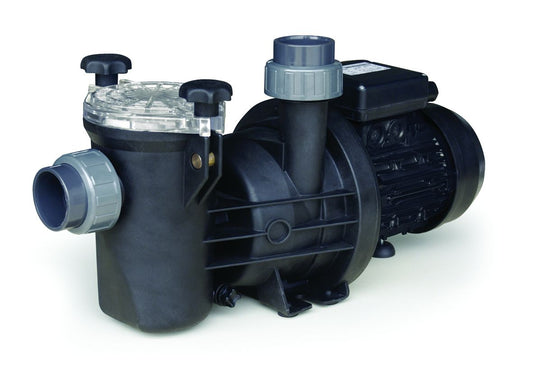 Black plastic pool pump with gray accents and a transparent lid.