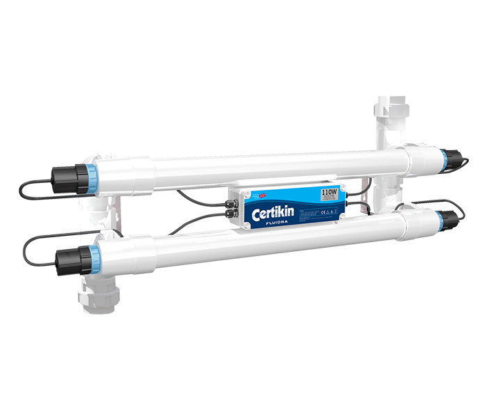 White cylindrical uv water purifier with blue and black accents, branded ’certikin fluida’