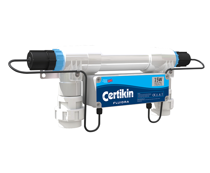 Certikin fluidra 15w white and blue water purification system with black caps.