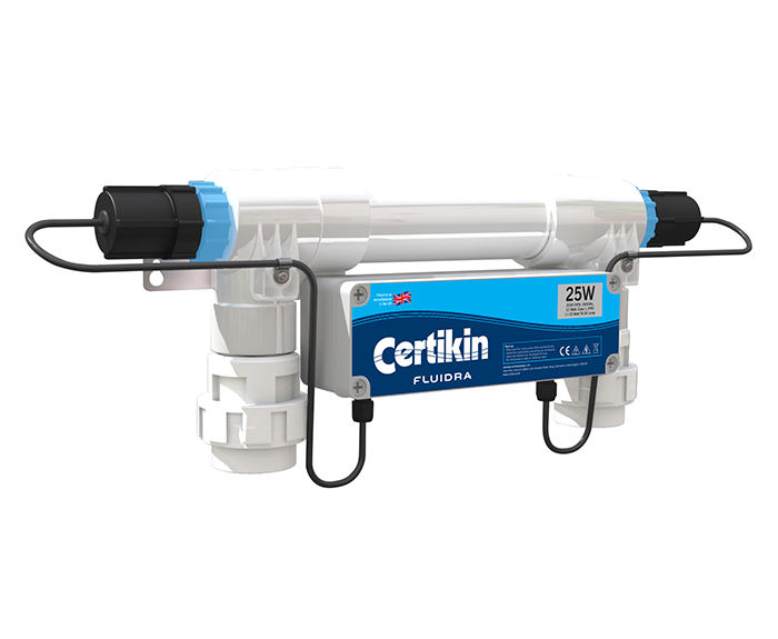 White and blue certikin fluidra 25w water purification system with black caps and tubing.