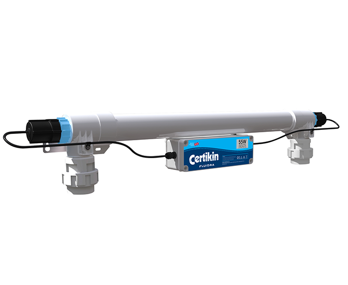 Certikin fluora 55w uv water purifier with a sleek white and blue cylindrical body, featuring black end caps and integrated control panel.