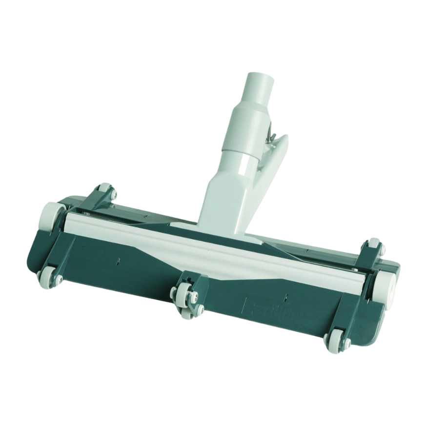 Teal and white pool cleaner with a sleek, modern design featuring four wheels for smooth gliding across the floor.