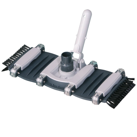 Gray and white pool cleaning brush with black bristles, featuring a handle for easy maneuvering.