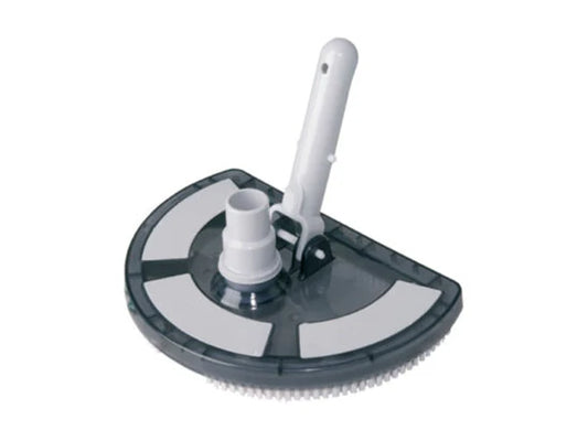 Gray and white pool cleaning brush with a handle, featuring bristles along the edge for scrubbing surfaces.
