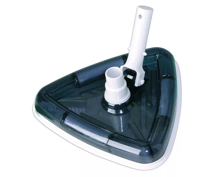 Black and white triangular pool cleaner with a plastic handle attachment