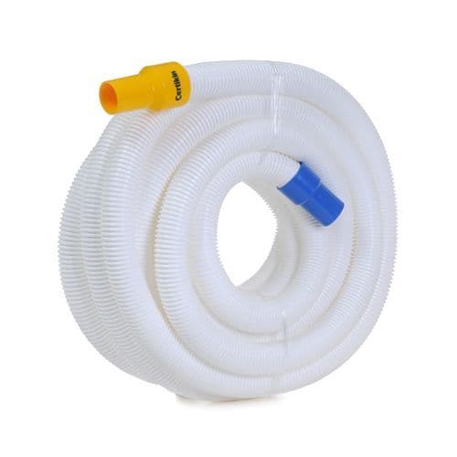 White corrugated plastic pool vacuum hose with yellow and blue connectors.
