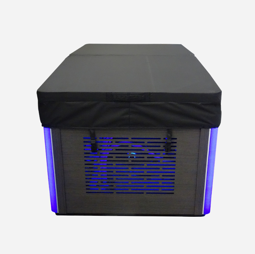Black fabric-covered computer case with blue led lighting along its sides and a vented front panel.