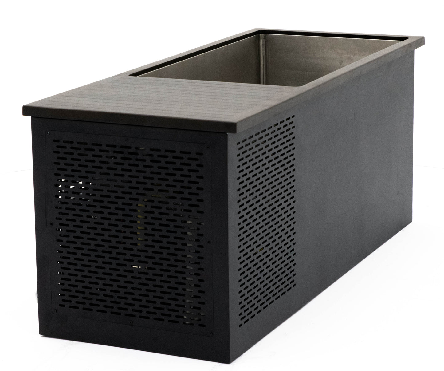 Black rectangular commercial ice bin with a stainless steel interior and perforated side panels.