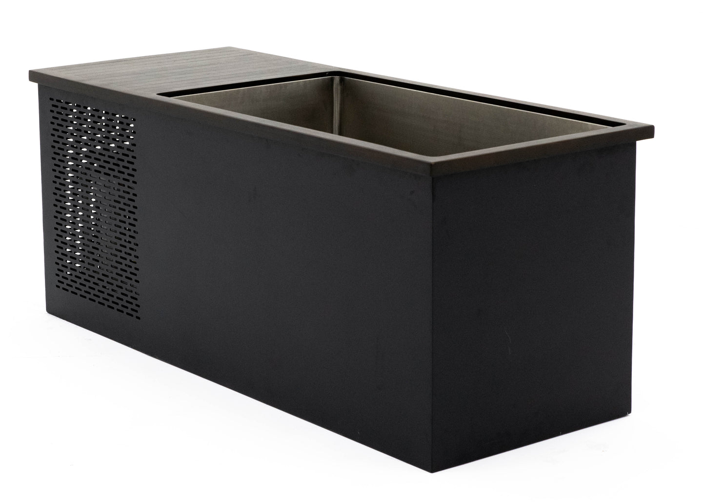 Black rectangular outdoor fire pit with a wood-grain top and perforated side panel.