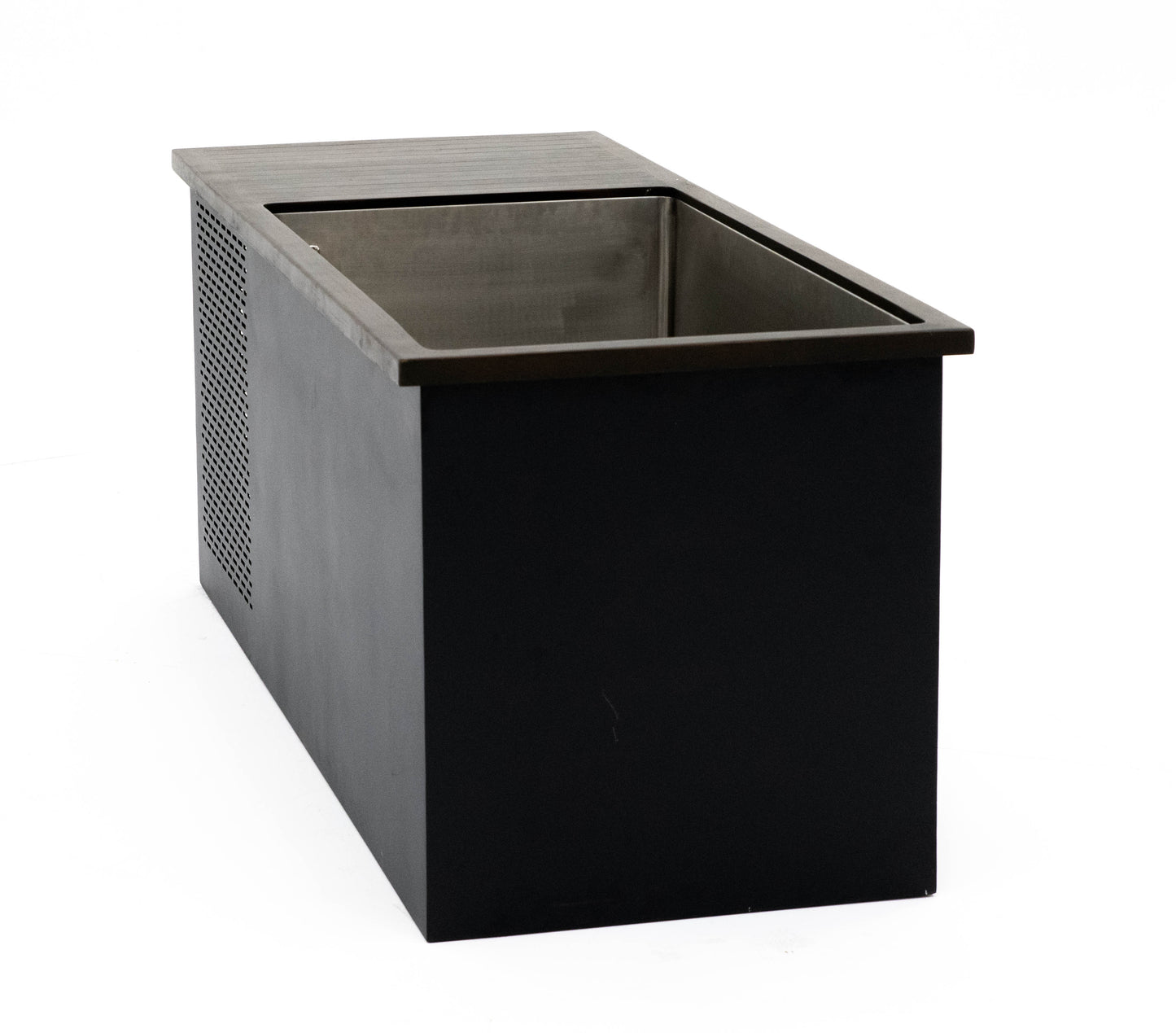 Black rectangular undercounter ice maker with a stainless steel interior and perforated side panel.