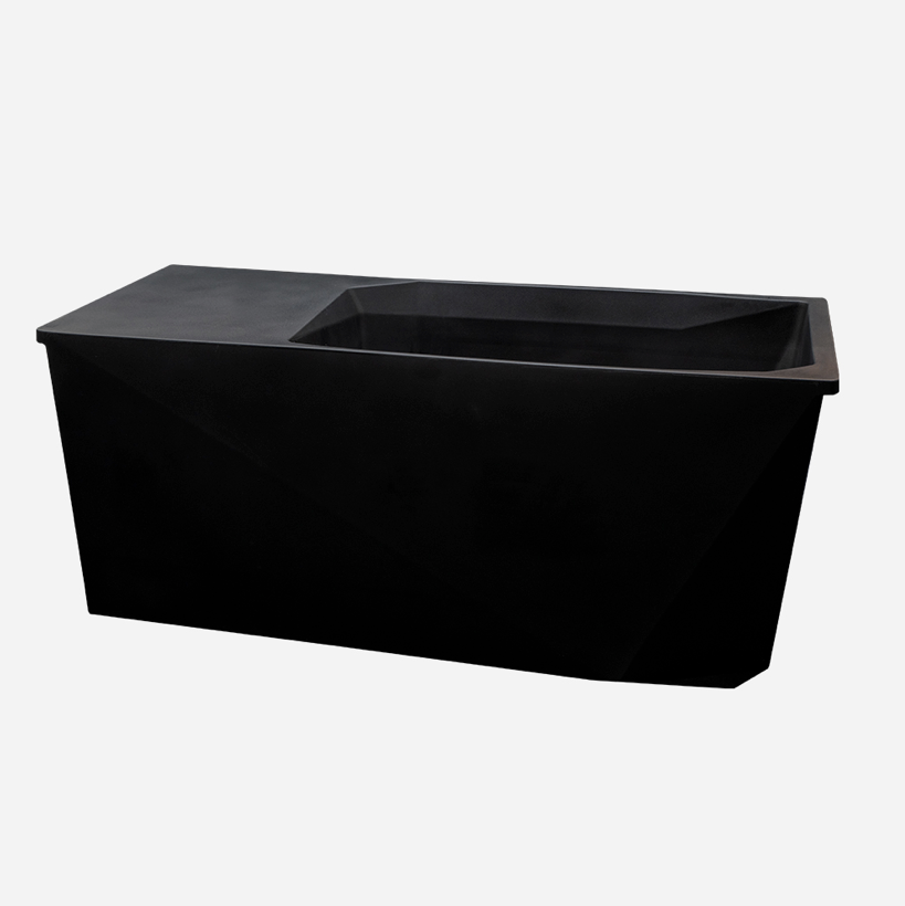 Black rectangular bathtub with a smooth, glossy finish and integrated sink.