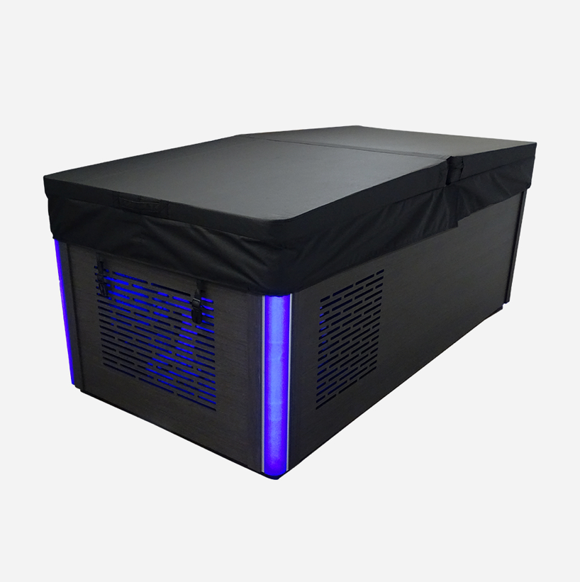 Black rectangular cooler with blue led lighting along its sides and a fabric cover.