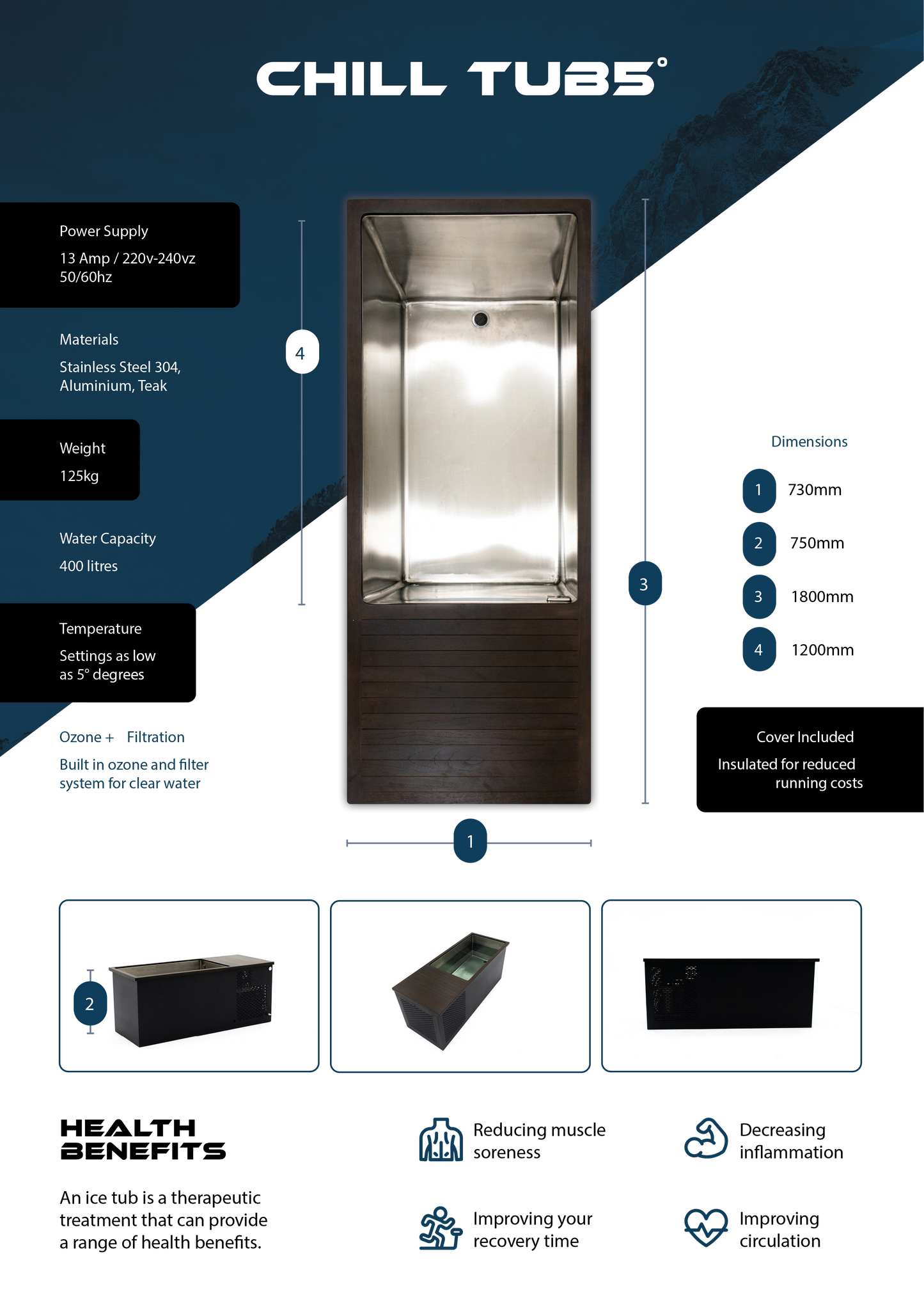 Stainless steel 304 and aluminum tub with a dark wood finish, branded as chill tubs.