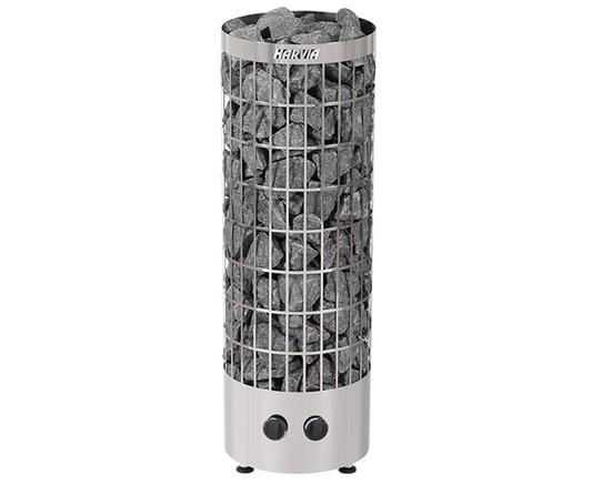 Silver cylindrical sauna heater with a mesh cage filled with dark gray river stones and the brand name ’karva’ engraved on top.