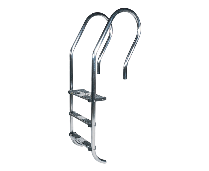 Stainless steel pool ladder with curved handrails and textured steps.
