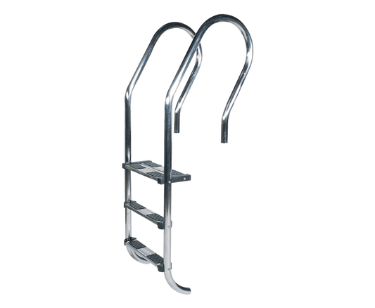 Stainless steel pool ladder with curved handrails and textured steps.