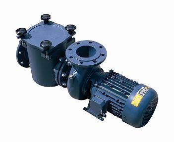 Dark blue industrial pump with flanged connections and a motor housing.