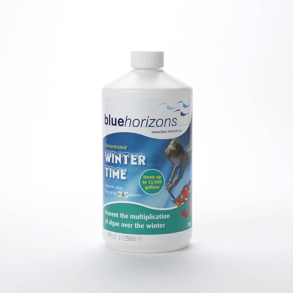 White plastic bottle of blue horizons winter time algae prevention solution.