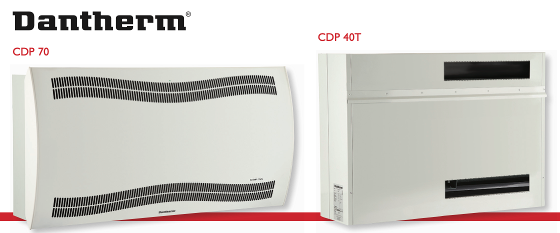 White dantherm cdp 70 and cdp 40t wall-mounted space heaters with sleek, modern designs featuring horizontal vent grilles.