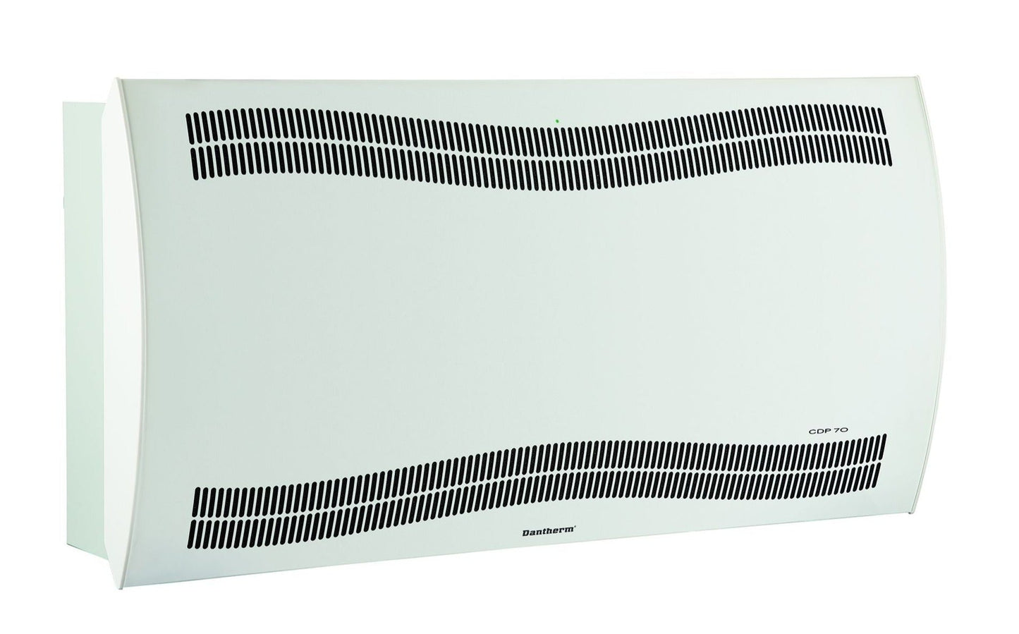 White curved wall-mounted heater with black wavy vent grilles and ’dantherm cdr 70’’ branding
