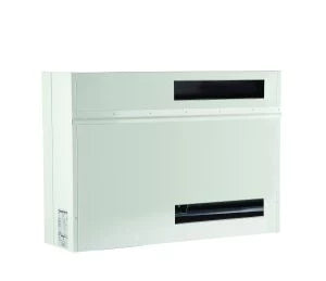 White rectangular wall-mounted air vent with two horizontal black slats.