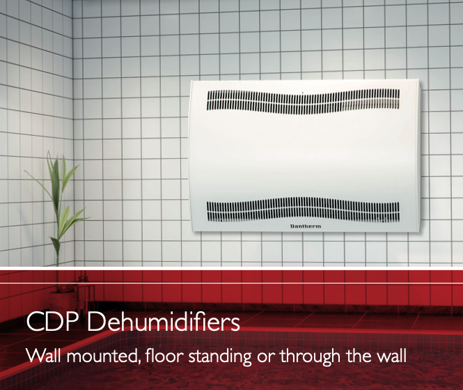 White rectangular wall-mounted dehumidifier with black horizontal vent grilles and the ’bantherm’ brand name centered below them.