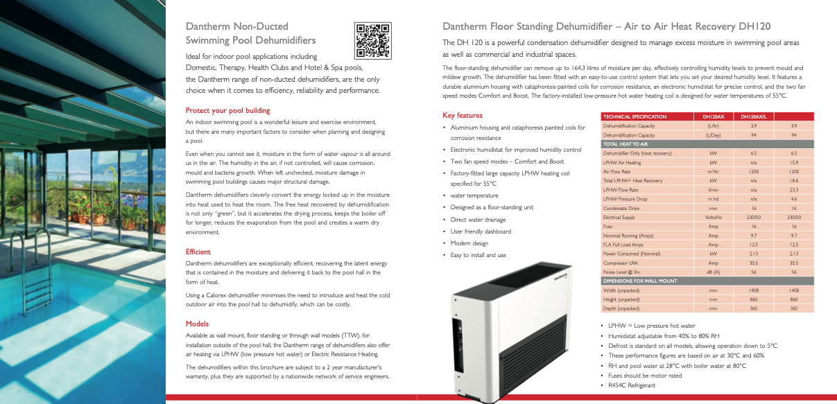 Dantherm floor standing dehumidifier – air to air heat recovery dh120, a sleek white and gray unit with aluminum housing designed for commercial or industrial use.