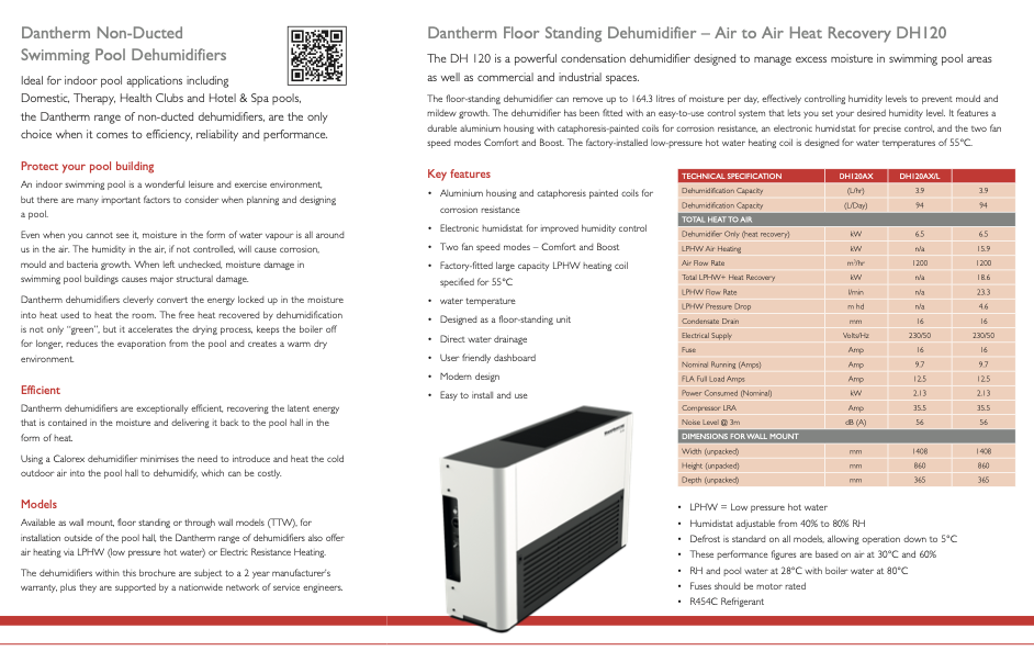 White dantherm dh120 floor-standing dehumidifier with a sleek, modern design and aluminum housing.