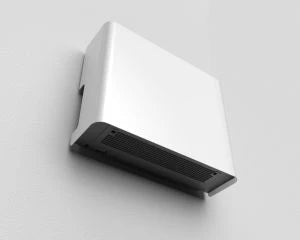 White rectangular wall-mounted heater with a sleek, modern design and black vent grille.