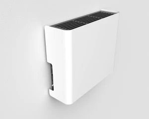 White rectangular wall-mounted air purifier with a black slatted grille on the front.