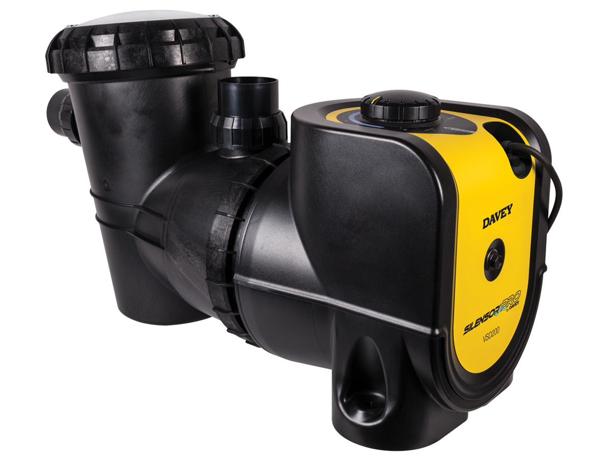 Black and yellow davey sensorpro vs2000 pool pump with a sleek, modern design featuring molded plastic housing and prominent branding on the side.