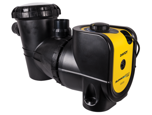 Black and yellow davey sensorpro vs2000 pool pump with a sleek, modern design featuring molded plastic housing and prominent branding on the side.