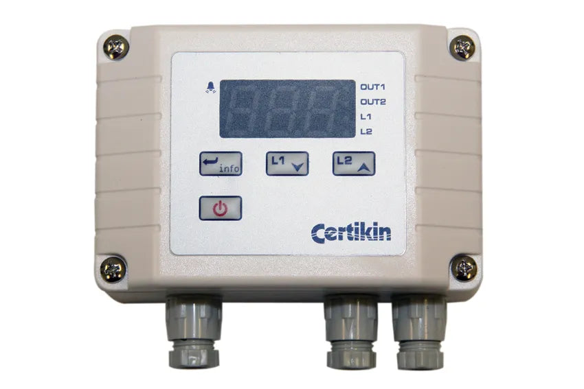 Beige certikin digital control panel with a blue lcd screen and four gray threaded connectors.