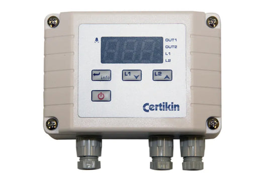 Beige certikin digital control panel with a blue lcd screen and four gray threaded connectors.