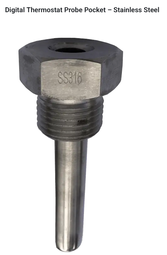 Stainless steel digital thermostat probe pocket with a hexagonal head engraved ’ss316’’ and threaded shaft.