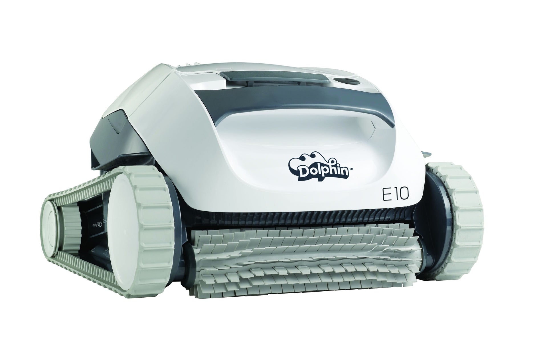 White and gray dolphin e10 robotic pool cleaner with a sleek, modern design featuring rubberized tracks and bristle brushes.