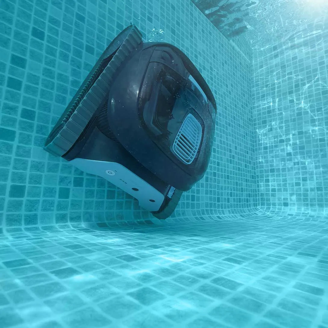 Black and gray robotic pool cleaner with a brush attachment, designed for underwater use.