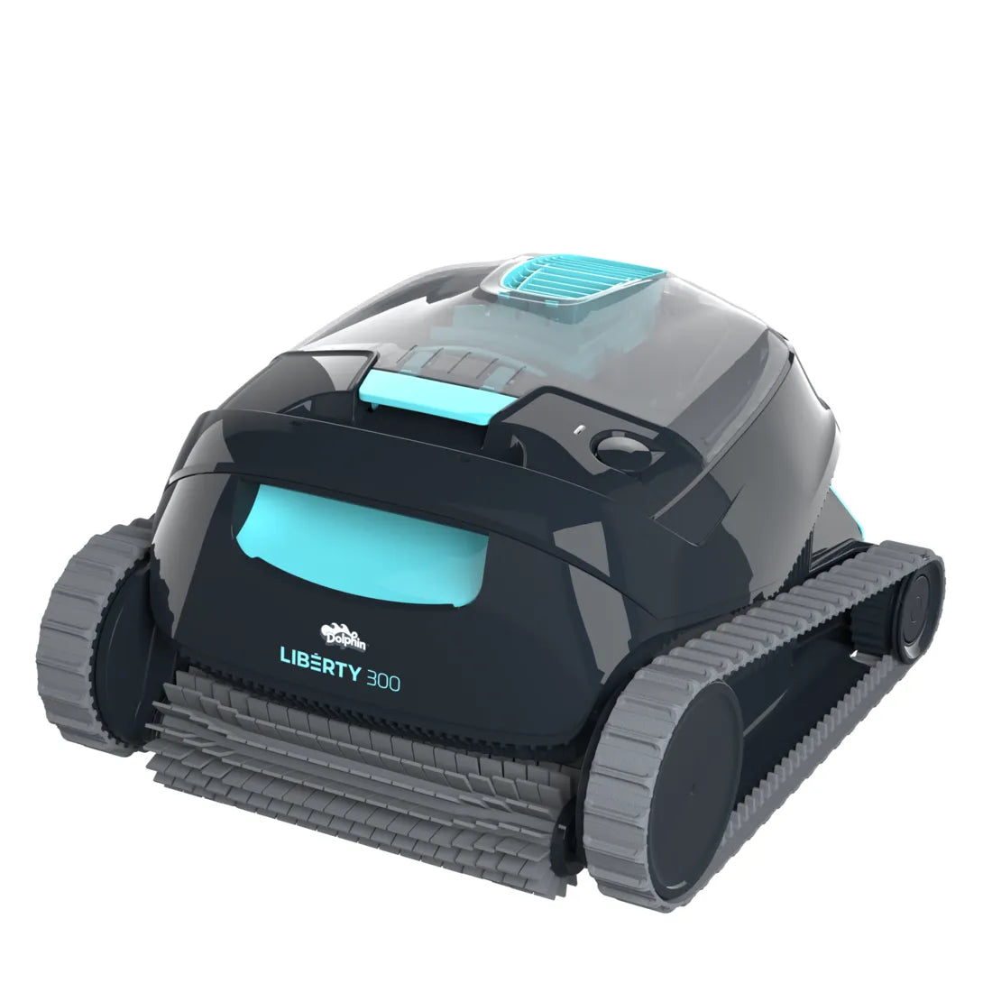 Black and teal dolphin liberty 300 robotic pool cleaner with tracked wheels and a brush skirt.