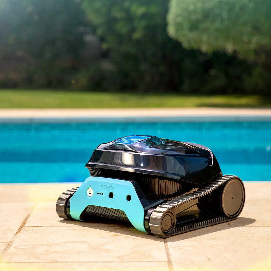 A sleek black and teal robotic pool cleaner with tank-like tracks, designed for efficient automatic cleaning.